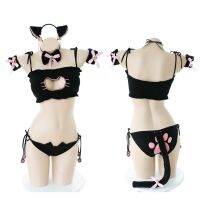 Lovely Neko Cosplay Costume Cute Lolita Cat Collar Pierced Bra Brief Set Underwear Sexy Lingerie Bell Choker+Top+Pantie+Tail