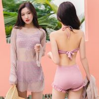 thaimultishop BikiniTime มี 7 สี SB112 ชุดว่ายน้ำบิกินี ฟรีไซส์ เซ็ท3ชิ้น พร้อมเสื้อคลุมแขนยาวซีทรู บรามีฟองน้ำเสริม บริการเก็บเงินปลายทาง