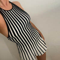 Contrast Stripe แขนกุดคอกลมเดรสสไตล์แฟชั่นอารมณ์ Casual Wrap Hip Dress Women