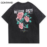 【HOT】Distressed T-Shirt Streetwar Hip Hop Floral Rose Letter Print Vintage Tshirt Men Harajuku Summer Casual Cotton Loose Shirts Top100%cotton