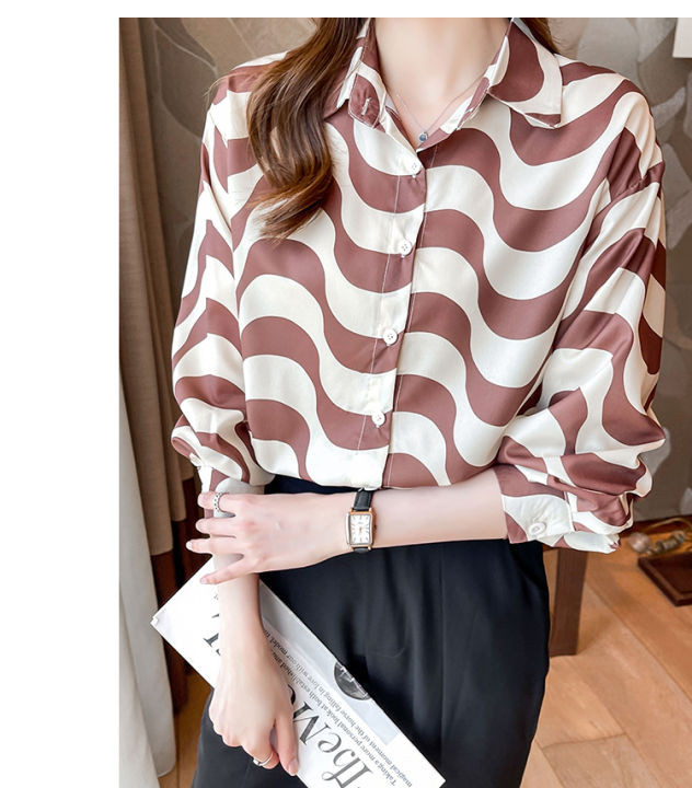 rehin-women-s-to-french-niche-design-wave-pattern-loose-long-sleeved-shirt-lapel-work-wear-chiffon-blouse