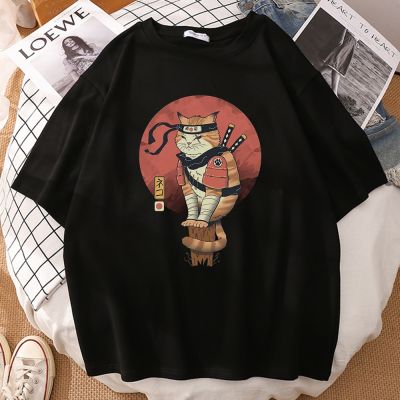 Mens Japanese Ninja Cat Print T-shirt Summer Short Sleeve T-shirts Fashion Vintage Tees 100% Cotton Gildan