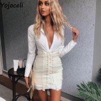 (ร้อน) yojoceli Elegant Lace Up สีขาว bodycon กระโปรงสตรีฤดูใบไม้ร่วงสั้นสูงเอวกระโปรง Casual PARTY สีดำหญิง Bottoms