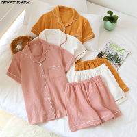 2021NHKDSASA Shorts Sets Pajamas Suit Women Summer Couple Cotton Crepe Ladies Solid Simple Short-Sleeved Shirt Mens Home Service