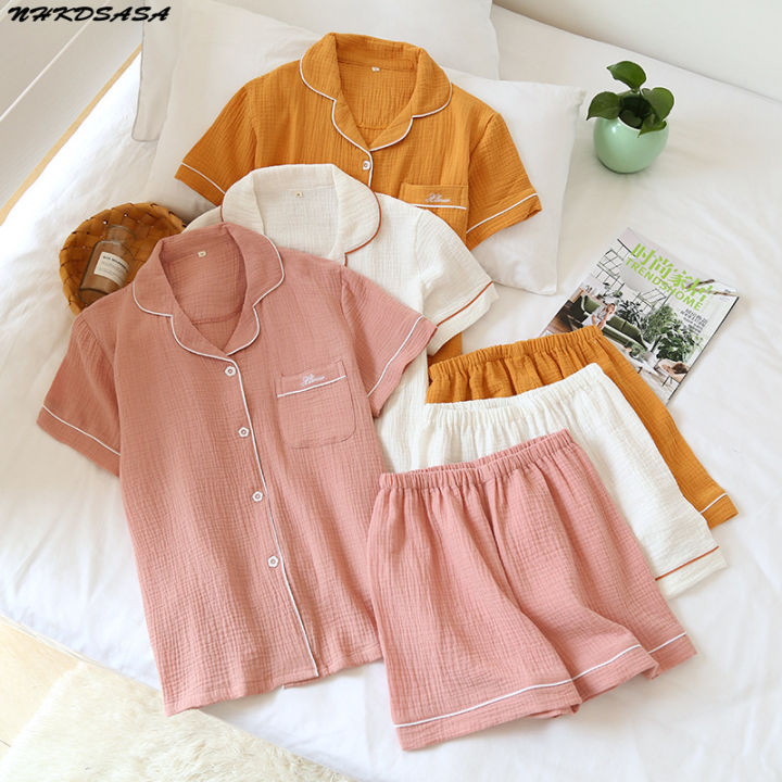 2021nhkdsasa-shorts-sets-pajamas-suit-women-summer-couple-cotton-crepe-ladies-solid-simple-short-sleeved-shirt-mens-home-service