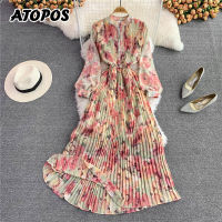 Atopos Elegant Floral Chiffon Maxi Dress Autumn Fashion Women Tie Dye Pleated Dresses High Waist Beach Vestidos New Year