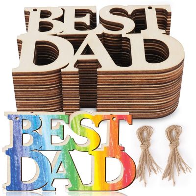 40Pcs Best DAD Unfinished Wood Crafts, Gift Tags with String for Fathers Day Gifts, Dads Birthday Party Decorations