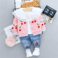 Baby Girls Clothing Sets Spring Children Lace Cherry Coats Lace Shirt Jeans Infant Newborn Clothes Outfits Princess Costume