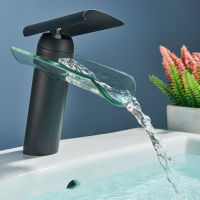 ALENARTWATER Bathroom Sink Basin Faucet , Glass Spout Waterfall Mixer Crane , Deck Mounted Hot and Cold Water Washbasin Faucet