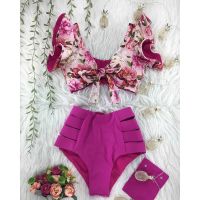 hotx 【cw】 2023 Shoulder Ruffle Swimwear Swimsuit Waist Set Push Up Bathing Beachwear Biquini Female