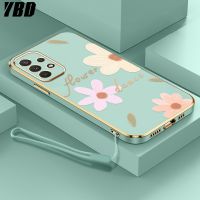 YBDเคสโทรศัพท์ชุบโลหะด้วยไฟฟ้าขอบตรงสำหรับ Samsung A14 A04s กล่องความแม่นยำเคสกล้องเคสแถมฟรีสายคล้องลวดลายดอกไม้