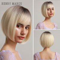 HENRY MARGU Bob วิกผมสั้นสำหรับผู้หญิงสีน้ำตาลแบบไล่เฉดผมบลอนด์วิกผมสังเคราะห์ตรงวิกคอสเพลย์ทนความร้อนได้ประจำวัน