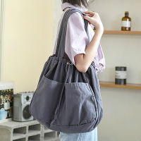 Casual Drawstring Canvas ToteBag For Women Large Capacity Shoulder Bag Washed Cloth Bag Shopping Bag Literary Handbag