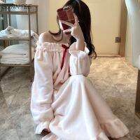 【 WYIN kitchen】 Nightgowns Women Winter Coral-fleece Warm Solid Princess Bow Korean Loose Long-style Womens Sleepshirts Comfortable Elegant New