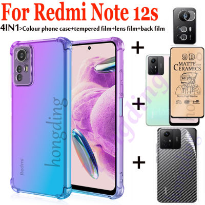 4-In-1สำหรับ Redmi Note 12S เคสโทรศัพท์สี Redmi Note 12S + กระจกนิรภัยเต็มรูปแบบชนิดเคลือบเพื่อความอ่อนโยนด้าน + สติ๊กเกอร์สกีนหลังเลนส์กล้องถ่ายรูปสำหรับ Redmi Note 12S ฟิล์มป้องกันหน้าจอคาร์บอนไฟเบอร์