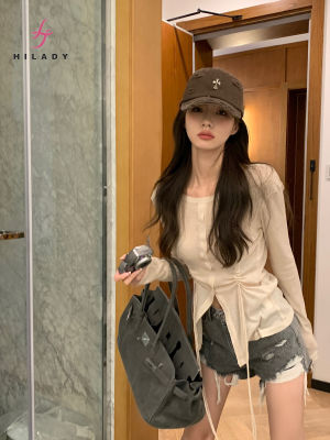 HILADY เสื้อเบลาส์สำหรับผู้หญิง,เสื้อแขนยาวถักอเนกประสงค์สไตล์เกาหลีหวานผูกเชือกง่าย