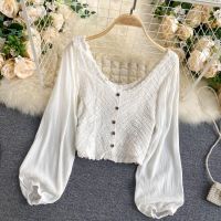 COD DSFERTRETRE Korean Style Women Ladies Puff Long Sleeve Crochet Hollow Out Square Neck Shirt Blouse