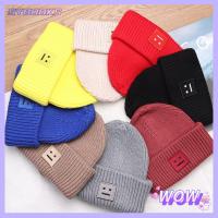 SYBOOKS ถัก หมวกสกี ผู้หญิง Cuffed Beanies หมวกคู่รัก ใบหน้ายิ้มแย้ม หมวกฤดูหนาว หมวกบีนนี่