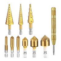 Step Drill Bit Set 1/4 Inch Hex 5 Flute Counter Sink Drill Bit Set with Automatic Spring Loaded Center Punch