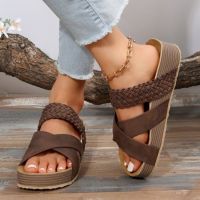 【ready stock】Large 43 Casual Sandals for Women in Europe and America New Flat Bottom Thick Bottom Cross Knitted Solid Color Sandals