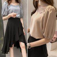 Women Solid V-Neck Short Sleeve Simple Chiffon Blouse