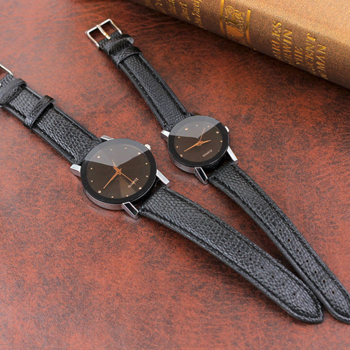 rebrol-นาฬิกาข้อมือคู่รัก-นาฬิกาควอทซ์สายหนังแบบเรียบง่ายหน้าปัดนาฬิกาข้อมือด้วยพลอยเทียม