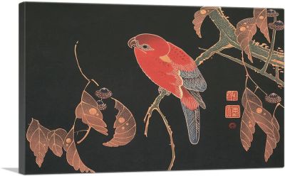 นกแก้วสีแดงบนกิ่งก้านของต้นไม้ที่รูปภาพพิมพ์บนผ้าใบโดย Jakuchu Ito X ลึก