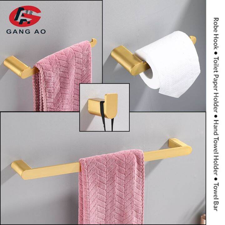 brushed-gold-accessories-sets-4-wall-mounted-bar-robe-hooks-toilet-paper-roll-holder-hardware