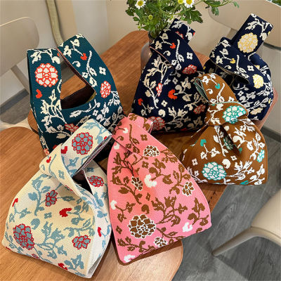 Knitted Retro Women Floral Niche Wristlet Shoulder Bag Shopping Bags Knitted Handbag