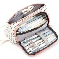 【DT】hot！ School Pen Pencil Bag Case Stationary Storage Multi Layer Large Capacity Cosmetic Travel Simple Plaid