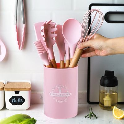 Holaroom Food Grade Silicone Kitchen Cooking Utensils Turner Spatula Spoon With Wooden Handle Practical Cooking Tool Kitchenware