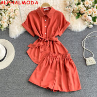 ALPHALMODA 2021 New Womens Short-sleeved Shirt + Wide Leg Shorts 2pcs Casual Suit Ladies Single Breasted Loose Top Shorts Sets