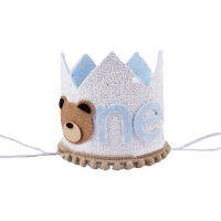 1Pcs First Kids Birthday Party Glitter หมวกหมีสีน้ำตาล ONE Burlap Lion มงกุฎวันเกิด Baby Shower Photoprops อุปกรณ์ตกแต่ง