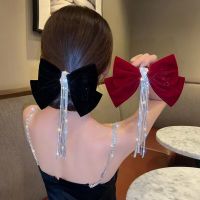 Large Bowknot Korean Velvet Hair Pins Fabric Rhinestone Tassels Hair Clips Women Luxulry Jewelry Spring Clip Gils Accessories Hair Accessories