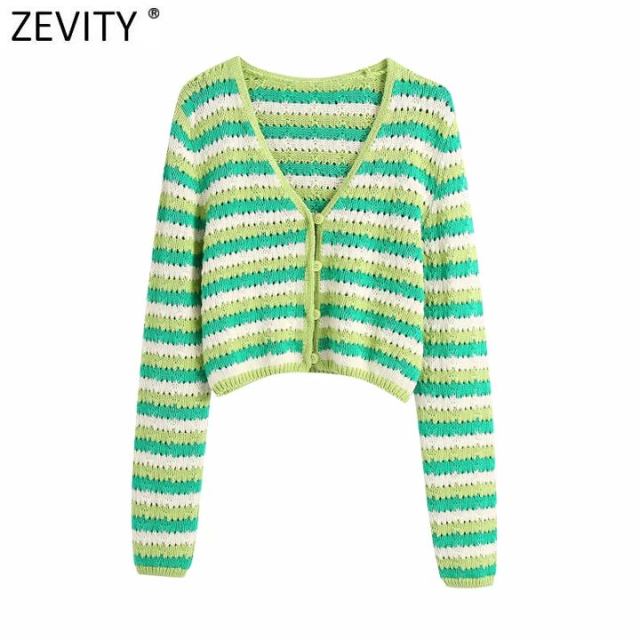 zevity-women-fashion-v-neck-fesh-contrast-striped-print-hollow-out-crochet-knitted-sweater-female-chic-cardigans-crop-tops-sw868