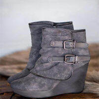 Womens Faux Fur Suede Wedge Ethnic Roman Boots Female Buckle Retro Shoes Light Soft Casual Winter Autumn New Zapatos Mujer