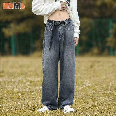 WOMA กางเกงยีนส์ขาตรงวินเทจของผู้ชายกางเกงยีนส์ทรงหลวมกางเกงตั้งพื้น