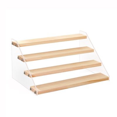 Acrylic &amp; Wood Display Stand, 4-Step Clear Display Riser Wood Shelf for Displaying Figures, Jewelry, Perfumes Stand