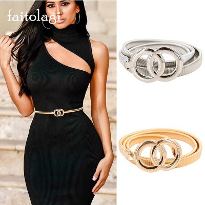 【CC】 FAITOLAGI-Cinto de Cintura Dupla para Mulheres Elástico Stretch Prata Ouro Metal Fino Vestido Feminino