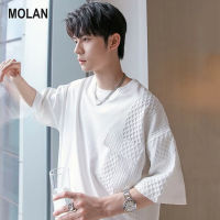 MOLAN เสื้อยืดคอทรงกลมแบบเรียบง่ายผู้ชายสีทึบหลวมแขนลำลองขาสั้น