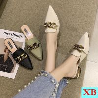 ■☞✁ Baotou Half Drag New Style All-Match Metal Chain Pointed Toe Slippers Women Low Heel Lazy Muller Shoes ins Trendy