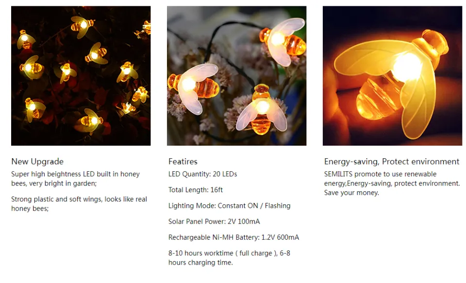 SEMILITS Solar String Lights 20LED Outdoor Waterproof Simulation Honey Bees  Decor for Garden Xmas Decorations Warm White