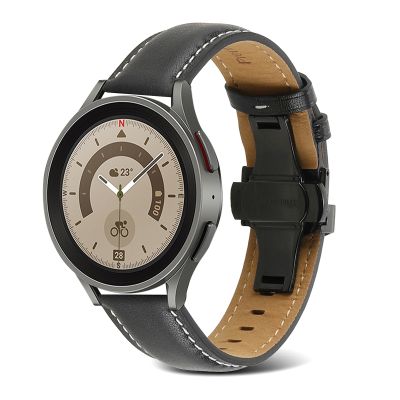 สำหรับ Samsung Galaxy Watch5สายรัดนาฬิกาหนังแท้ตัวล็อกแบบผีเสื้อ40มม./44มม. (สีดำ)