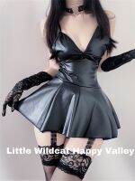 Womens Patent Leather Maid Fancy Dress Cosplay Costume V Neck Short Sleeve Lace Trimming Maid Role Play Outfit With Neck Ring