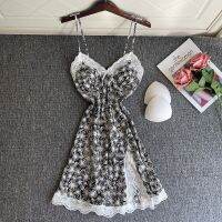 【 WYIN kitchen】 Lace Print Nightgown Lady Sleepdress Nighty Gown Summer Suspender Nightwear Sleepwear Loungewear Women Sexy Rayon Robe Homewear