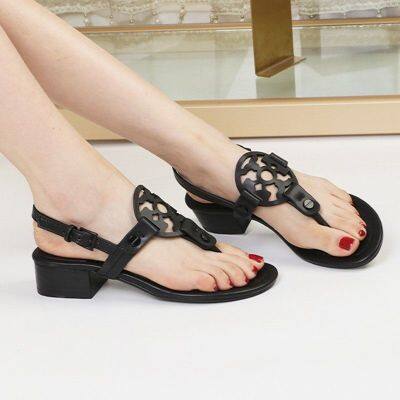 Fashion American TB European and American summer new leather mid-heel sandals womens large size leather thick-heel flip-flop sandals for women