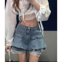 Sexy Babes Ruffled Denim Miniskirt Womens Anti-slip กระโปรงกระโปรง