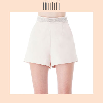 [MILIN] Crystal waist band flat front high waist shorts กางเกงขาสั้น เอวสูง ทรงซิปข้าง แต่งคริสตัลรอบเอว Owlwood Shorts สีชมพู/ สีครีม