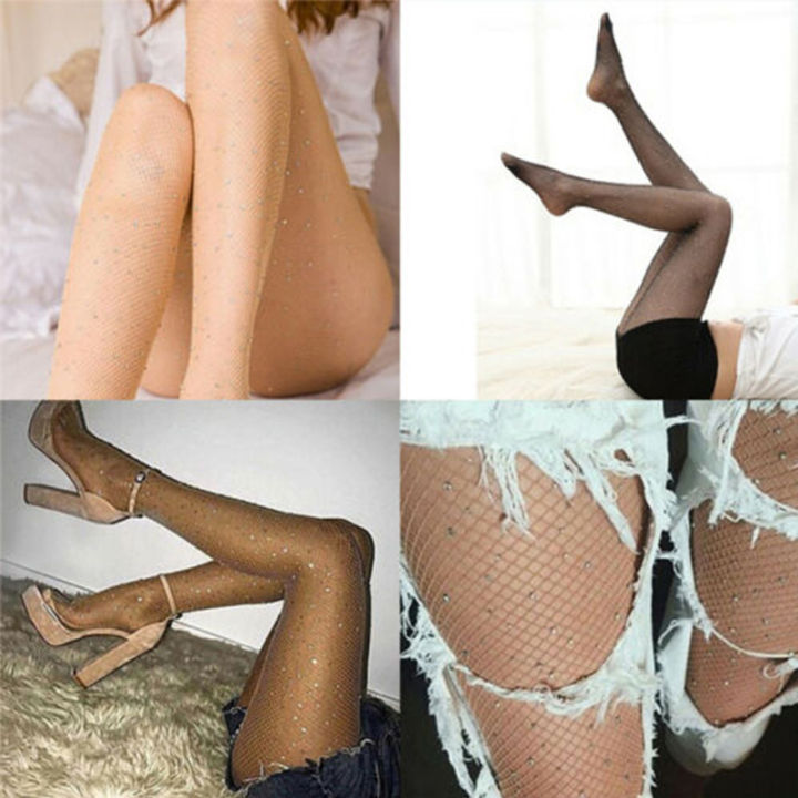 2m Women's Hollow Out Stockings Fishnet Pantyhose Socks Crystal Rhinestone  Black Mesh Tights