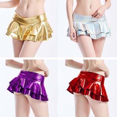 ●❂ Women Gold Shiny Leather Skirts Sexy Low Waist Mini Skirt Nightclub Dance Costume